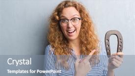  Presentation with grungy white concrete wall - PPT theme consisting of shoe marks - young redhead woman over grey background and a gray colored foreground