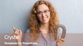  Presentation with young grey maine coon cat - PPT theme enhanced with shoe marks - young redhead woman over grey background and a coral colored foreground