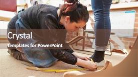  Presentation with customers - PPT layouts featuring shoe marks - young shoemaker measuring customers feet background and a tawny brown colored foreground