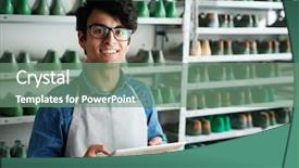  Presentation with successful - Slides enhanced with shoe shopping - successful owner of cobbler shop background and a seafoam green colored foreground