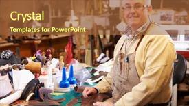  Presentation with workshop - PPT theme consisting of shoemaker cutting and gluing leather in a workshop background and a tawny brown colored foreground