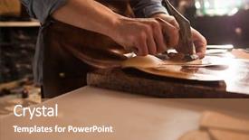  Presentation with leather - Colorful PPT layouts enhanced with shoemaker man working with leather backdrop and a coral colored foreground