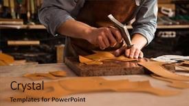  Presentation with leather - PPT layouts featuring shoemaker man working with leather background and a coral colored foreground