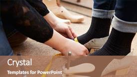  Presentation with customers - Colorful PPT layouts enhanced with shoemaker measuring customers feet close backdrop and a coral colored foreground