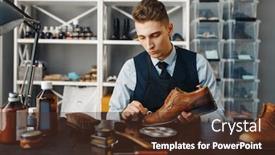  Presentation with shoe - Audience pleasing PPT theme consisting of shoemaker-polishes-the-shoe-footwear backdrop and a tawny brown colored foreground