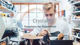  Presentation with glue - Beautiful PPT theme featuring shoemaker-putting-glue-on-sole backdrop and a sky blue colored foreground