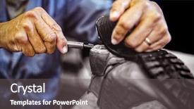  Presentation with shoe manufacturing - Presentation theme having shoemaker repairing a shoe sole background and a gray colored foreground