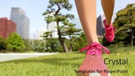  Presentation with running shoes - Beautiful presentation theme featuring shoes - woman runner jogging stay backdrop and a yellow colored foreground