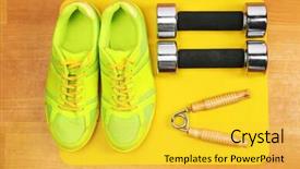  Presentation with sports shoes - Slide deck enhanced with shoes and sports equipment on mat on wooden floor top view background and a yellow colored foreground