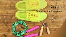  Presentation with sports shoes - Slide deck with shoes and sports equipment on wooden floor top view background and a gold colored foreground