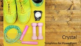  Presentation with sports shoes - Cool new slide deck with shoes and sports equipment backdrop and a gold colored foreground