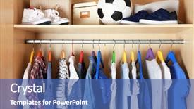  Presentation with closet - Presentation featuring shoes closet - boy clothes on hangers background and a ocean colored foreground
