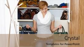  Presentation with business woman standing on maze - PPT layouts enhanced with shoes closet - young woman standing front background and a coral colored foreground