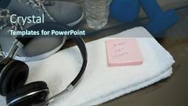  Presentation with wooden stick - Presentation design consisting of shoes-headphones-water-bottle-towel background and a ocean colored foreground