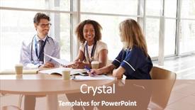  Presentation with healthcare workers - Beautiful slide deck featuring shoes nurses - senior healthcare workers in consultation backdrop and a coral colored foreground