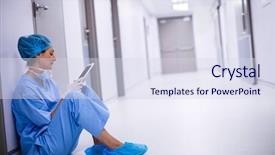  Presentation with digital hospital - Slide set featuring shoes nurses - surgeon sitting on floor background and a sky blue colored foreground