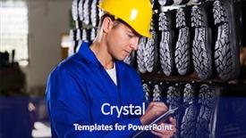  Presentation with inventory - Presentation theme enhanced with shoes production - gumboot factory worker checking inventory background and a navy blue colored foreground