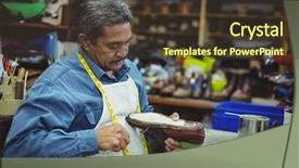  Presentation with taperecorder workshop - Amazing slides having shoes production - shoemaker repairing a shoe backdrop and a tawny brown colored foreground