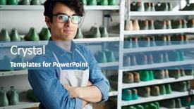  Presentation with circus show master - Colorful slide deck enhanced with shoes production - young cross-armed shoe master backdrop and a teal colored foreground