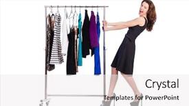  Presentation with white and black woman climbing ladders - PPT layouts having shoes rack - woman trying new clothing background and a white colored foreground