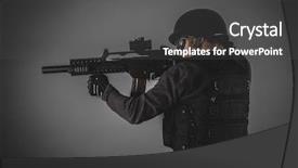  Presentation with shooting gun - Beautiful PPT theme featuring shooting airsoft player with gun backdrop and a dark gray colored foreground
