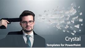  Presentation with gun shooting target - Presentation design enhanced with shooting information - handsome businessman shoots his head background and a gray colored foreground