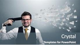  Presentation with gun shooting target - Colorful PPT theme enhanced with shooting information - handsome businessman shoots his head backdrop and a ocean colored foreground