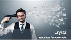  Presentation with gun - Slide set enhanced with shooting information - handsome businessman shoots his head background and a ocean colored foreground