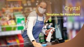  Presentation with grocery store - Slides enhanced with shop-assistant-disinfecting-surfaces background and a tawny brown colored foreground