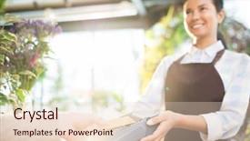  Presentation with machine shop - PPT theme with shop assistant holding payment machine background and a lemonade colored foreground