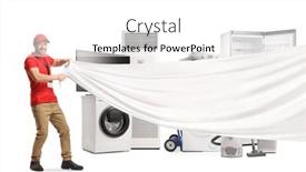  Presentation with electrical shop - PPT theme enhanced with shop-assistant-holding background and a  colored foreground