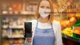  Presentation with medical assistant - Cool new PPT layouts with shop-assistant-in-medical-mask backdrop and a gold colored foreground