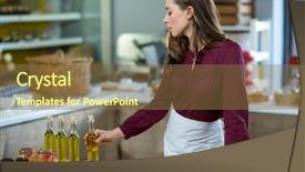  Presentation with olive oil bottle - Audience pleasing presentation theme consisting of shop assistant looking at olive oil bottle in grocery shop backdrop and a tawny brown colored foreground