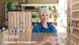  Presentation with grocery store - Beautiful presentation theme featuring shop assistant with digital tablet backdrop and a coral colored foreground