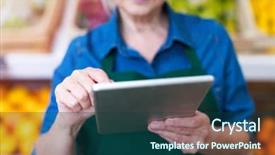  Presentation with grocery store - Slide set with shop assistant with digital tablet background and a ocean colored foreground