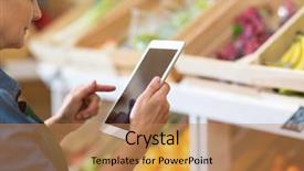  Presentation with grocery store - Audience pleasing presentation design consisting of shop assistant with digital tablet backdrop and a coral colored foreground