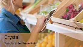  Presentation with grocery store - Beautiful presentation design featuring shop assistant with digital tablet backdrop and a gold colored foreground