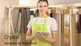  Presentation with curtains - Presentation theme with shop assistant with fabric sample background and a coral colored foreground