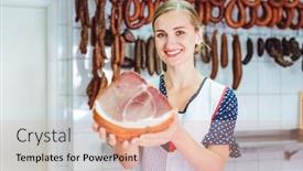  Presentation with butchery - PPT theme with shop-assistant-with-ham background and a coral colored foreground