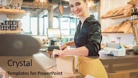  Presentation with cheese - Presentation with shop clerk woman in deli background and a coral colored foreground