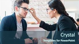  Presentation with glasses - Audience pleasing PPT theme consisting of shop getting advice from saleswoman backdrop and a ocean colored foreground