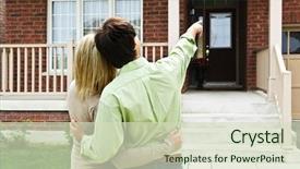  Presentation with young happy couple - Audience pleasing PPT theme consisting of shop houses - young happy couple shopping backdrop and a soft green colored foreground
