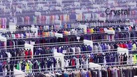  Presentation with clothing wooden clothes hanger object - Audience pleasing presentation theme consisting of shop lot - large clothing store many rows backdrop and a light blue colored foreground