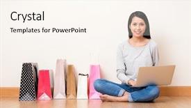  Presentation with online shopping - PPT theme having shop lot - woman using lapop computer background and a cream colored foreground