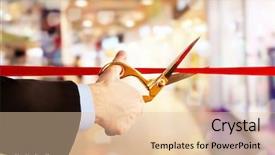  Presentation with cutting ribbon - PPT theme enhanced with shop opening - businessman cutting red ribbon background and a lemonade colored foreground