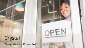  Presentation with worker - Amazing PPT theme having shop opening - pretty worker presenting open sign backdrop and a soft green colored foreground