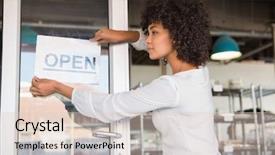  Presentation with bakery baking ingredients - PPT layouts featuring shop opening - pretty worker putting up background and a lemonade colored foreground