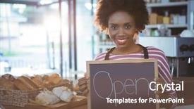  Presentation with grand opening cafe - PPT theme having shop opening - smiling waitress holding chalkboard background and a  colored foreground