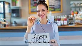  Presentation with cafe - PPT layouts with shop opening - woman holding open sign background and a light blue colored foreground