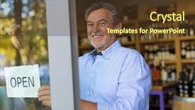  Presentation with wine shop and barrel - PPT layouts having shop owner holding open sign background and a tawny brown colored foreground